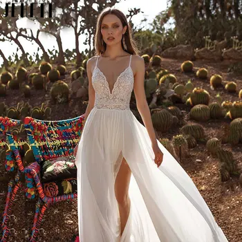 Сватбени рокли JEHETH 2024 впечатлява със своя Бохемски стил на тънки спагети презрамки с отворен гръб, Сексуална Сватбена рокля без ръкави с висока Цепка, Бяло Шифоновое Женствена рокля