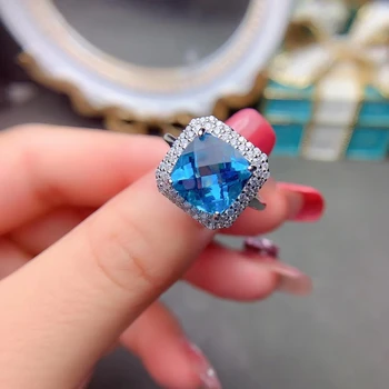MeiBaPJ Модерен пръстен с естествен Син Топаз 10 мм за жени, сега сребро 925 Проба, Изискани сватбени декорации