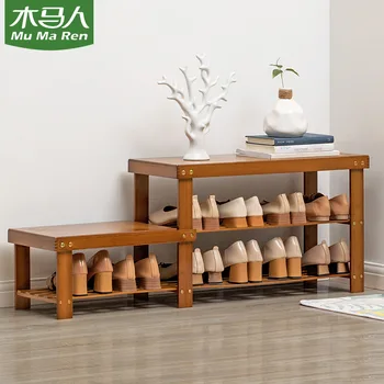 Домакински столче за обувки от масивна дървесина, текстилен стол, Бамбук многофункционално столче за обувки, може да бъде поставка за обувки