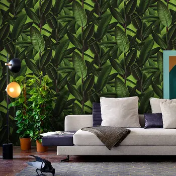 Картинки с тропически растения Юго-Източна Азия, на Фона на всекидневна, Спалня, тапет със зелени листа в Скандинавски Стил, PVC, Матиран